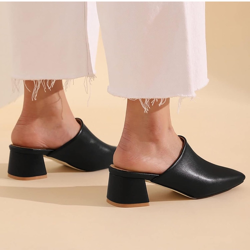 NWOT Size 8 Women Black Chunky Heel Mules Closed Toe Square Toe Slip On Shoes - Picture 13 of 14